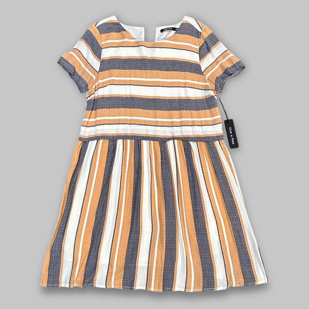 Doe & Rae Mustard Yellow, White & Gray Striped Short Sleeve Dress - Women Small